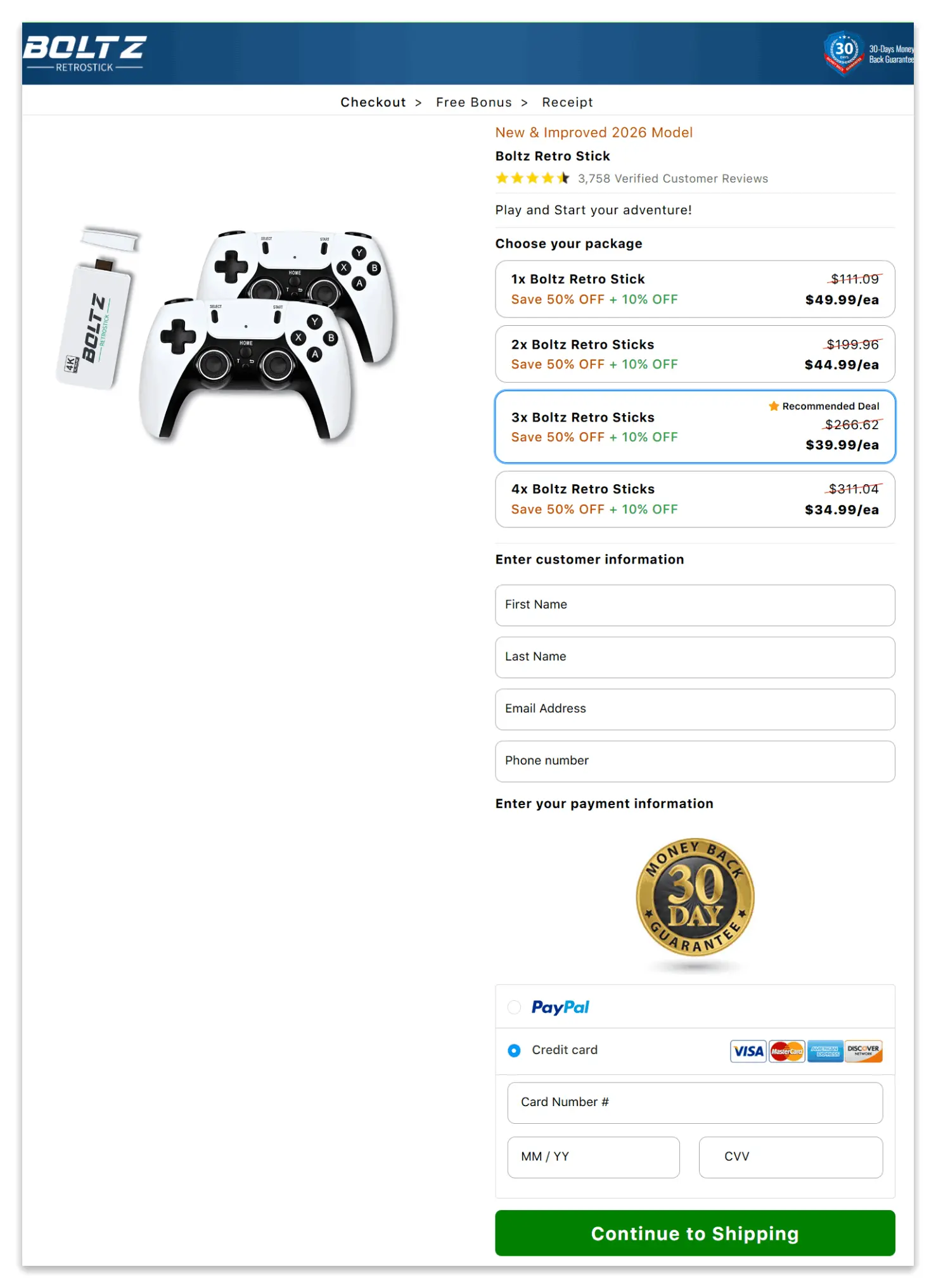 Boltz Retro Stick Secure Checkout Page